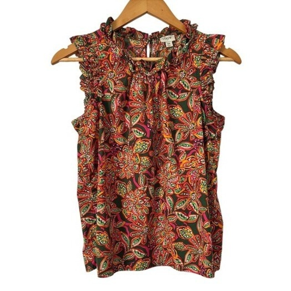 J.Crew Factory Sleeveless Ruffle Colorful Top XS Green Orange Cotton Cottagecore